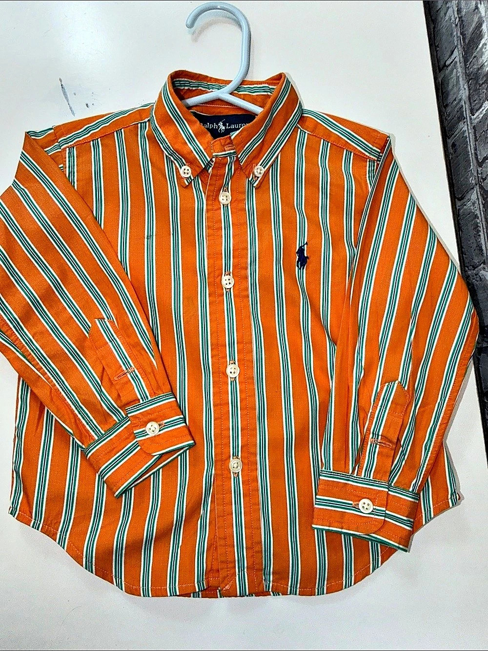 Ralph Lauren Boys 18M Striped Button Down Shirt in Orange & Green